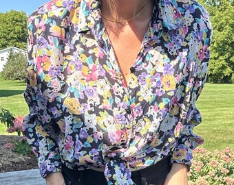 Vintage Floral Rayon Button Down Shirt Colorful Flowers Blouse Top Oversized XL