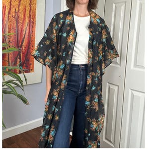 Floral Kimono Duster Sheer Lightweight Cover Up Bohemian Beach Black
