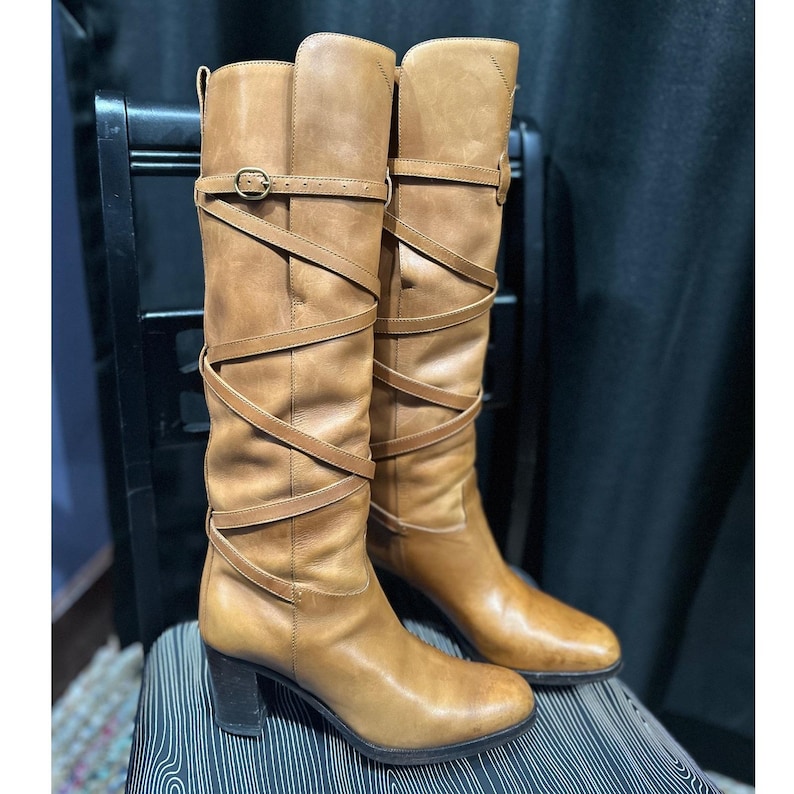 vintage Yves Saint Laurent Bottes hautes en cuir marron clair Italie Équestre Camel 36,5 image 2