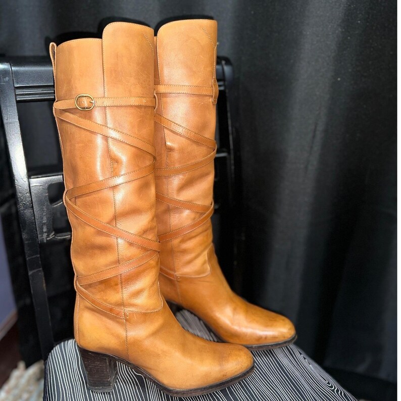 vintage Yves Saint Laurent Bottes hautes en cuir marron clair Italie Équestre Camel 36,5 image 3