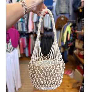 Macrame Net Woven Basket Market Bag Drawstring Insert White Boho Beach Coastal