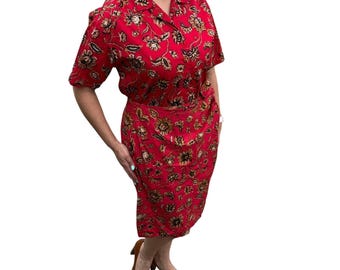 Eddie Bauer Vintage 90s Red Floral Cotton 2 Piece Shirt Wrap Skirt Set S/M