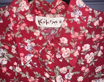 Camicia da donna Kikomo rossa a fantasia floreale, senza maniche, con bottoni, in rayon, taglia media, stile vintage.