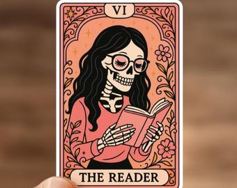 The Reader Tarot Sticker | Skeleton Reading Sticker | Book Lover Gift | Aesthetic Tarot Card Vinyl | Cozy Reader Sticker