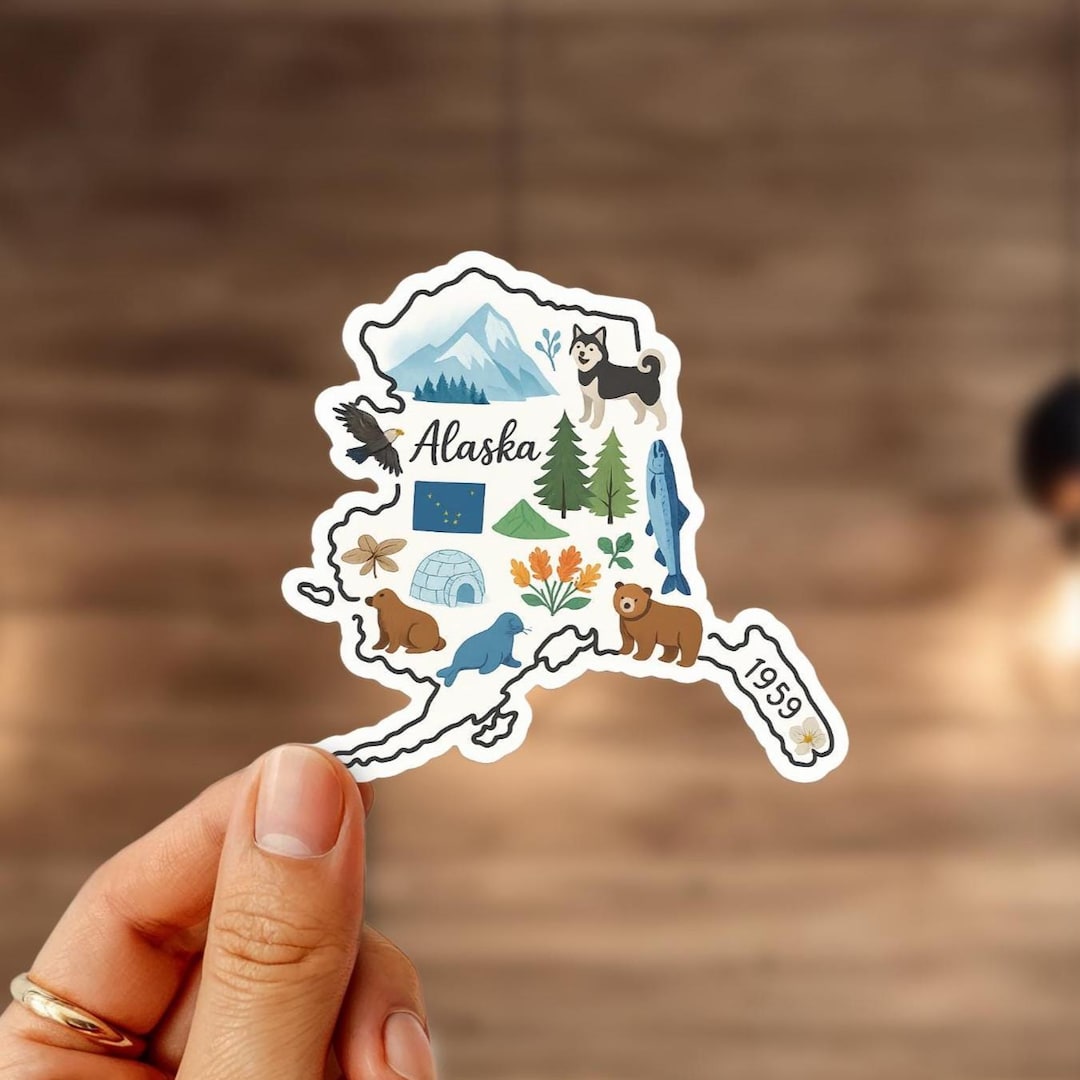 Alaska State Sticker – Illustrated Alaska Map With Wildlife & Landmarks ...