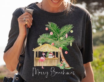 Merry Beachmas, Beach Christmas TShirt, Hawaiian Christmas, Coastal Christmas Shirt, Pink Flamingo Palm Tree Christmas T-Shirt
