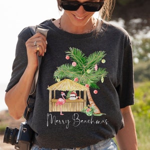 Merry Beachmas, Beach Christmas TShirt, Hawaiian Christmas, Coastal Christmas Shirt, Pink Flamingo Palm Tree Christmas T-Shirt