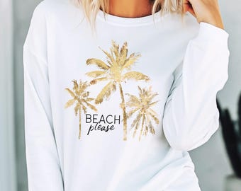 Chemise à manches longues Beach Please T-shirt unisexe en jersey de palmier, cadeau pour les amoureux de la plage, t-shirt vacances d'été, vibes côtières
