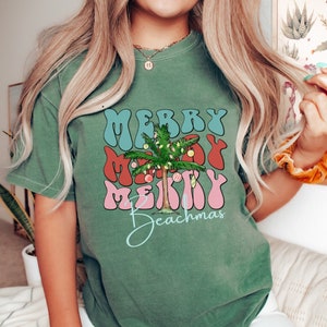 Merry Beachmas, Beach Christmas Comfort Colors TShirt , Hawaiian Christmas, Coastal Christmas Shirt,  Palm Tree Tropical Christmas T-Shirt