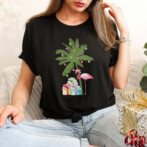 Christmas Flamingo Shirt Tropical Xmas Coastal Christmas Tshirt Beach Holidays Tee Pink Flamingo and Palm Tree Shirt Gift For Her