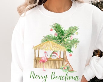 Merry Beachmas Sweatshirt Tropical Christmas Shirt Hawaii Christmas Shirt Beachy Coastal Xmas Shirt Hawaiian Holiday Sweater Beach Theme
