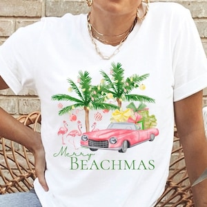 Merry Beachmas Christmas Shirt, Beach Christmas TShirt, Pink Flamingo Palm Tree Christmas Tee, Coastal Christmas T-Shirt, Hawaii Christmas