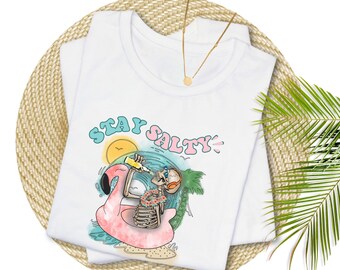 Summerween Skeleton Flamingo Float Shirt, Stay Salty Beach Skeleton Tee, Funny Halloween Beach Vacation Shirt, Comfort Colors T-Shirt