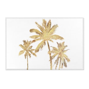 Three gold colored palm trees on a white background throw rug.