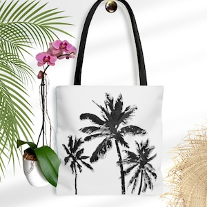 Palm Tree Tote Bag Beach Tote Black and White Canva Bag Tropical Tote Bag Palm Beach Chic Gift for Beach Lover Coastal Beachy Gift