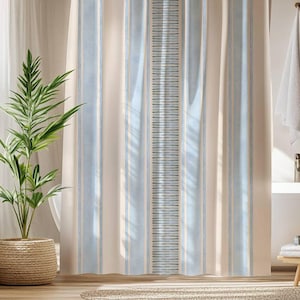 Blue Striped Shower Curtain Modern Coastal Bathroom Decor Nautical Fabric Shower Curtain Neutral Beach Style Bath Curtain Blue and Beige