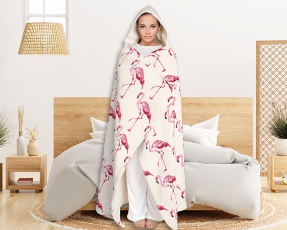 Flamingo Hooded Blanket Wearable Cozy Hoodie Blanket Sherpa Fleece Hooded Blanket Oversized Coastal Loungewear