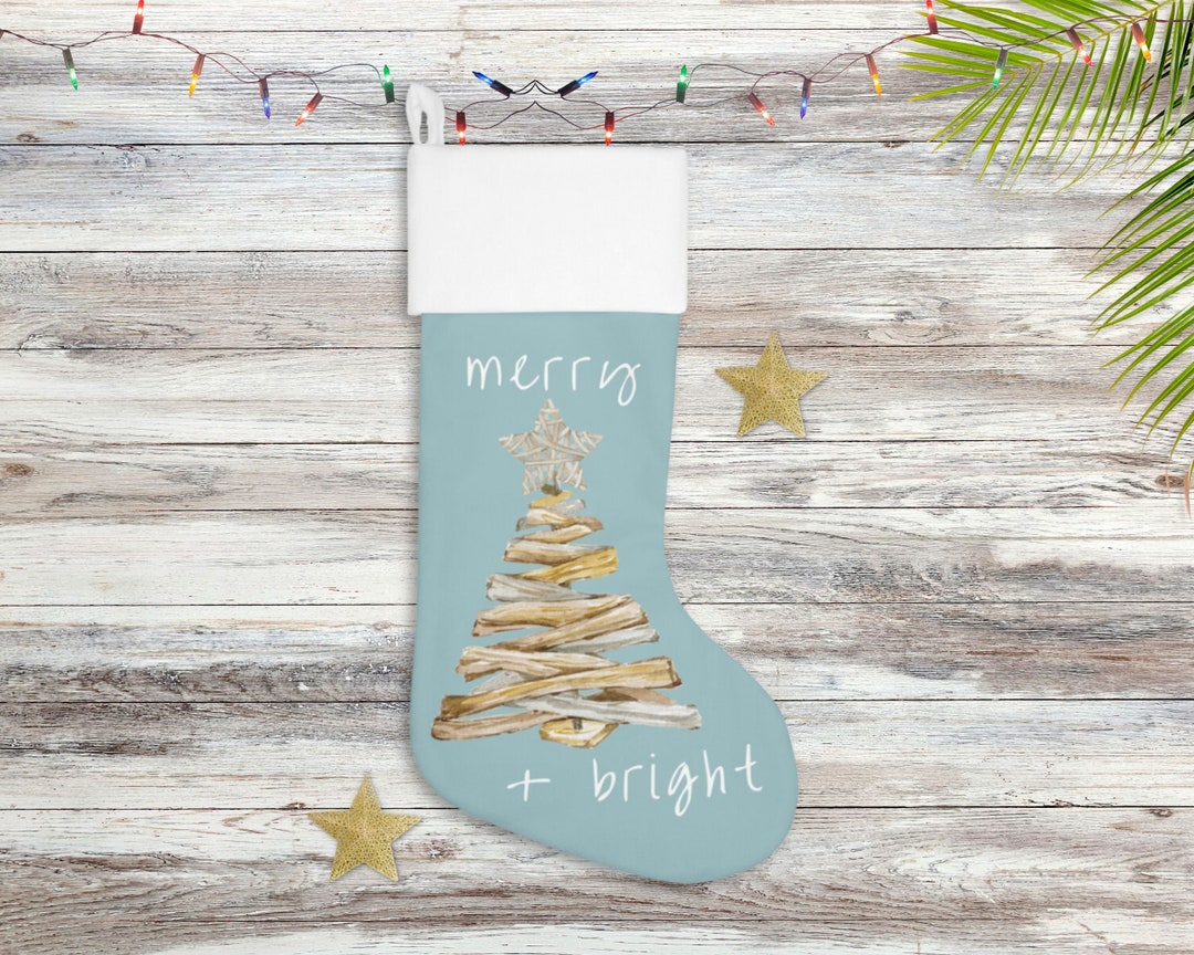 Coastal Christmas Stocking, Beachy Christmas Decoration, Merry and