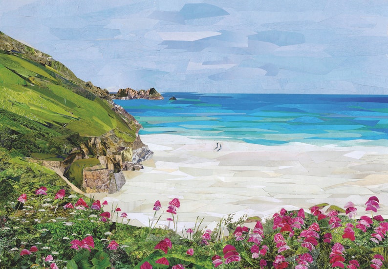 Porthcurno Beach Cornwall Collage Art Print Junk Mail Art Etsy UK