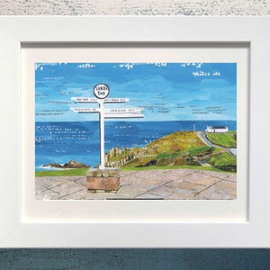 Land’s End Signpost, Cornwall, Paper Collage Art Print, Junk Mail Art