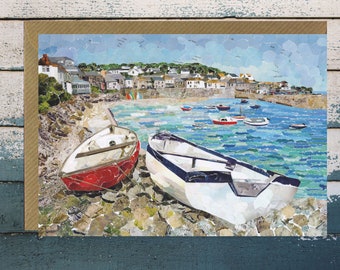 Mousehole Cornwall - Greeting Card Blank, Paper Collage Art