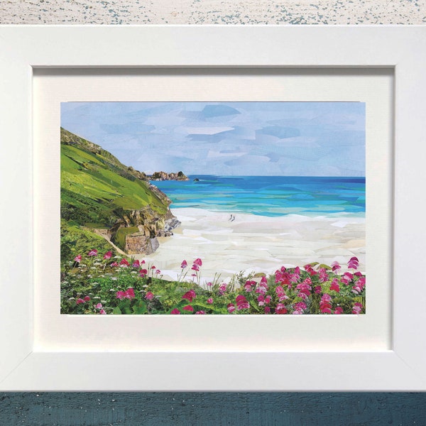 Porthcurno Beach  Cornwall, Art Print, Junk Mail Art.