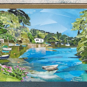 Port Navas, Helford River Cornwall, Tarjeta de felicitación en blanco, Arte de collage de papel