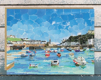 Porthleven Cornwall - Greeting Card Blank, Paper Collage Art