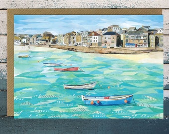 St Ives, Cornwall, Greeting Card Blank, Paper Collage Art, Junk Mail Art.