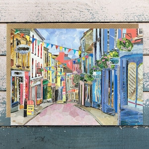 Falmouth High Street Cornwall - Tarjeta de felicitación en blanco, collage de papel