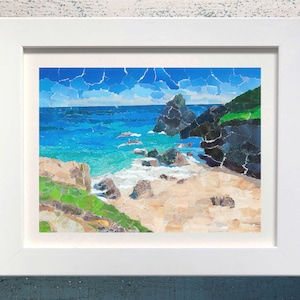 Kynance Cove, Cornovaglia, stampa artistica di collage sulla spiaggia, arte della posta indesiderata.