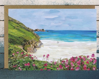 Porthcurno, Cornwall, Greeting Card Blank, Paper Collage Art