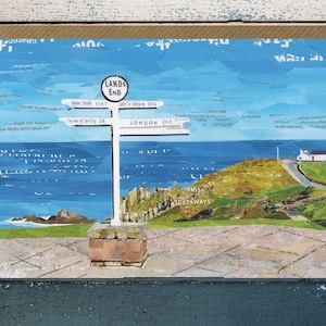 Cartello di Land's End, Cornovaglia, biglietto d'auguri vuoto, collage di carta artistica