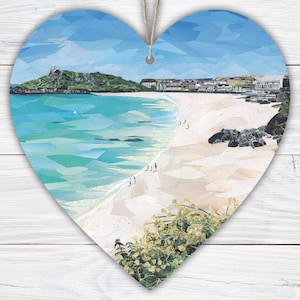 Coeur suspendu à St Ives de Porthmeor Beach - Impression d'art collage bord de mer sur bois recto-verso avec ficelle - Cadeau souvenir fait main sur la côte de Cornouailles