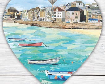 St Ives Collage Art Heart: Cornish Seaside Decoration