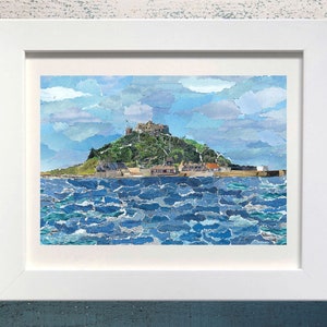 St Michael&#39;s Mount, Cornovaglia, stampa collage di carta, arte della posta indesiderata