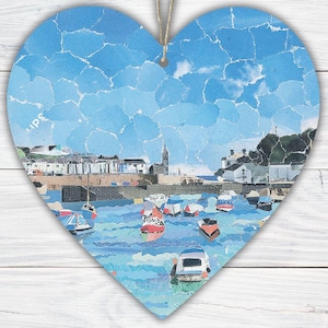 Porthleven Harbor Art Heart: Cornish Seaside Collage Keepsake
