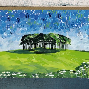 Árboles que vuelven a casa, árboles que se acercan a casa, Cornualles, tarjeta de felicitación en blanco, arte de collage de papel