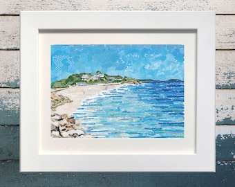 Swanpool Beach, Falmouth, Cornwall, Collage Art Print, Junk Mail Art.