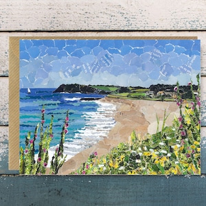 Gylly Beach Falmouth Cornwall - Greeting Card Blank, Paper Collage Art