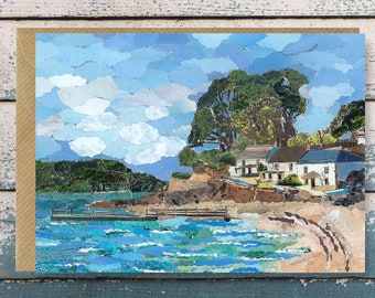 Helford Passage, Cornualles - Tarjeta de felicitación en blanco, collage de papel