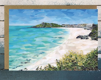 Porthmeor Beach, St Ives, Cornwall, Greeting Card Blank, Paper Collage Art, Junk Mail Art.