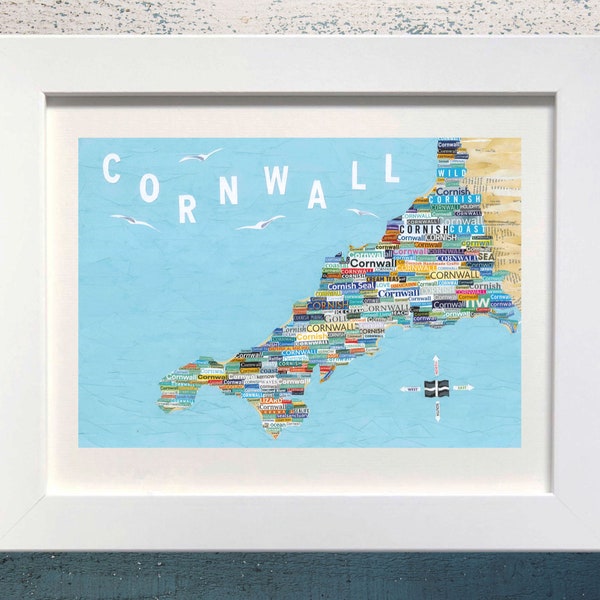 Map of Cornwall, Paper Collage Art Print, Junk Mail Art