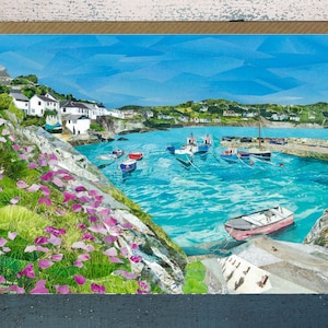 Puerto de Coverack, Cornualles, Tarjeta de felicitación en blanco, Collage de papel