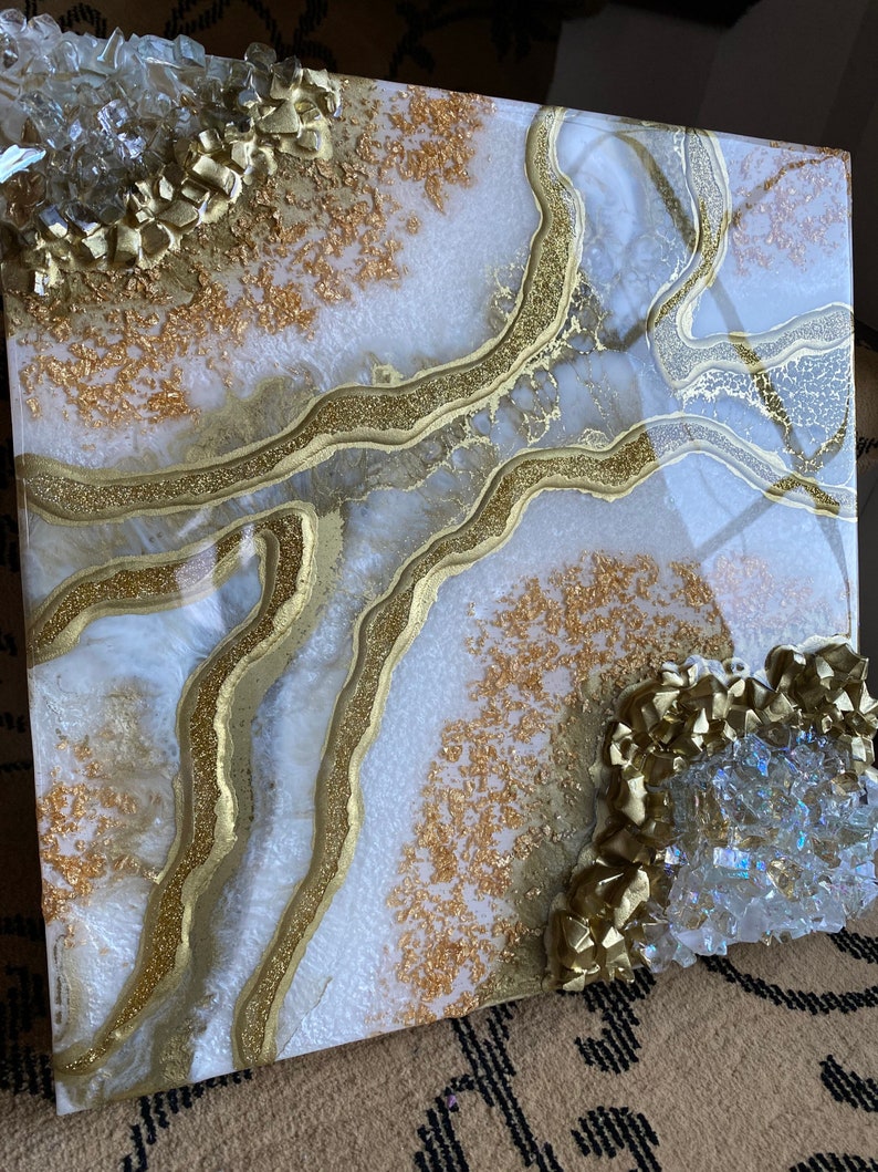 White/Gold Geode Resin Wall Art | Etsy