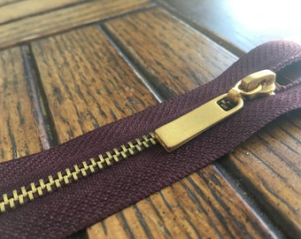 Zippers (2 pieces) 19" Deep Cranberry w/#3 Solid Brushed Brass Chunky Bar Pull ~separating zipper~