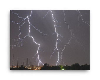 Nebraska Storms - 'Electrified' Canvas - Lightning strike over Lincoln, NE