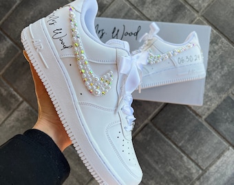 Wedding Bridal Sneaker Personalized - Air Force 1 wedding sneaker -wedding shoe for the BRIDE - Crystal AB Rhinestone & white pearl mix