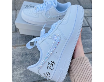 Personalized Bridal Air Force 1 Sneakers White Iridescent Rhinestone & Pearl Wedding Shoes