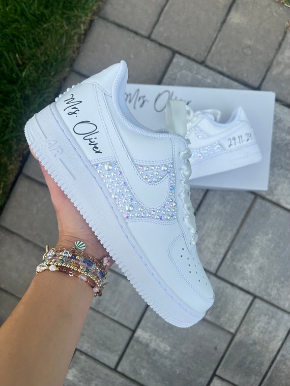 Personalized Bridal Air Force 1 Sneakers White iridescent Rhinestone & white Pearl Wedding Shoes